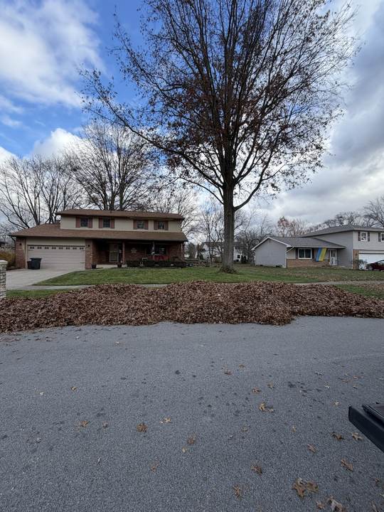 Leaves piled along the curb in front of a house