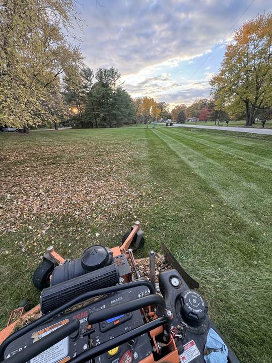 Fall mowing: leaves on one side of the lawn, clean stripes on the other