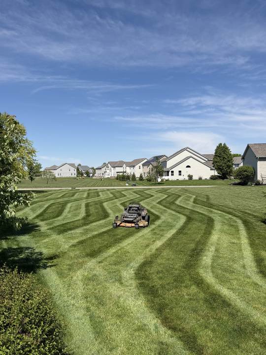 Wave-pattern mowing stripes with a stand-on mower in the middle of the lawn